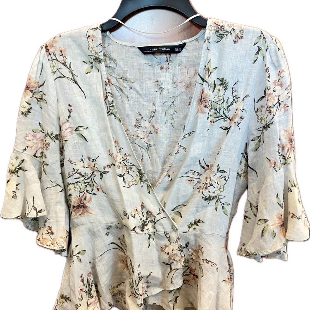 Zara Floral Linen Wrap Blouse - Cream, Pink and Green - Picture 2 of 6